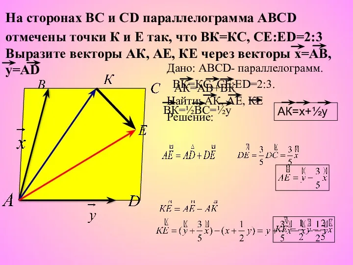 Дано: ABCD- параллелограмм. BК=КC, СЕ:ЕD=2:3. Найти: АК, АЕ, КЕ Решение: На сторонах ВС