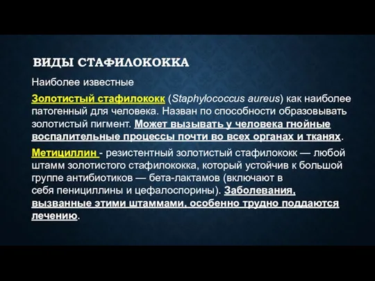 ВИДЫ СТАФИЛОКОККА Наиболее известные Золотистый стафилококк (Staphylococcus aureus) как наиболее