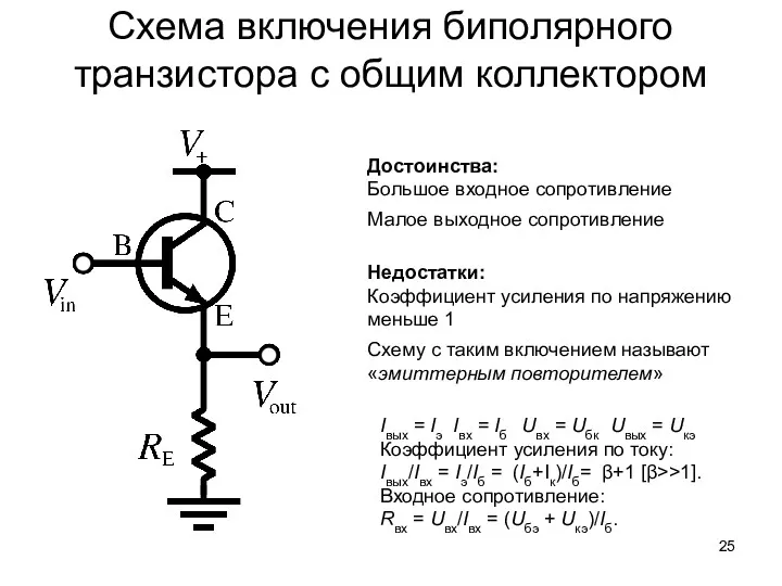 Схема включения биполярного транзистора с общим коллектором Достоинства: Большое входное сопротивление Малое выходное