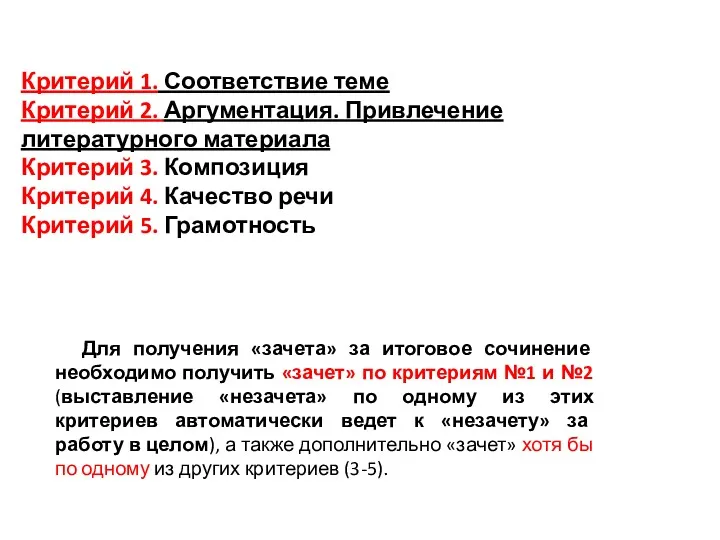 Критерий 1. Соответствие теме Критерий 2. Аргументация. Привлечение литературного материала