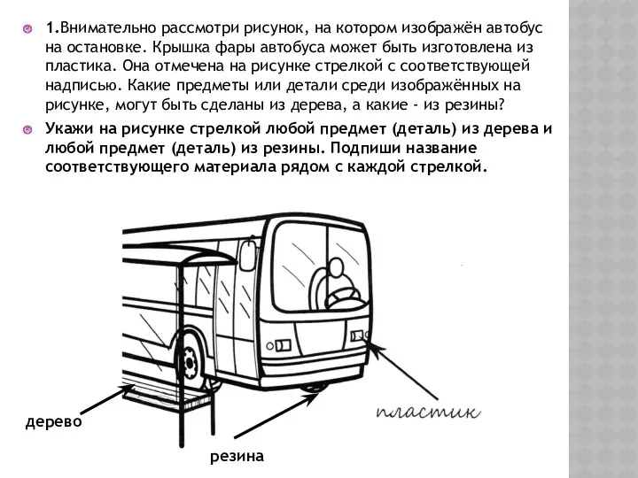 1.Внимательно рассмотри рисунок, на котором изображён автобус на остановке. Крышка фары автобуса может