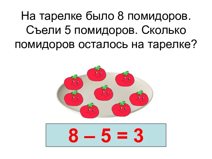 На тарелке было 8 помидоров. Съели 5 помидоров. Сколько помидоров осталось на тарелке?