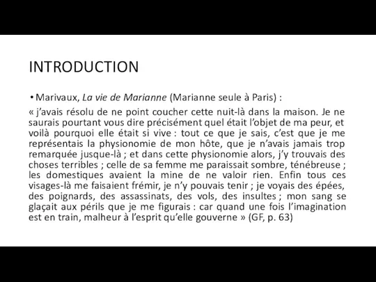 INTRODUCTION Marivaux, La vie de Marianne (Marianne seule à Paris)