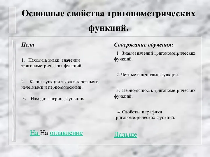 Основные свойства тригонометрических функций. Цели 1. Находить знаки значений тригонометрических