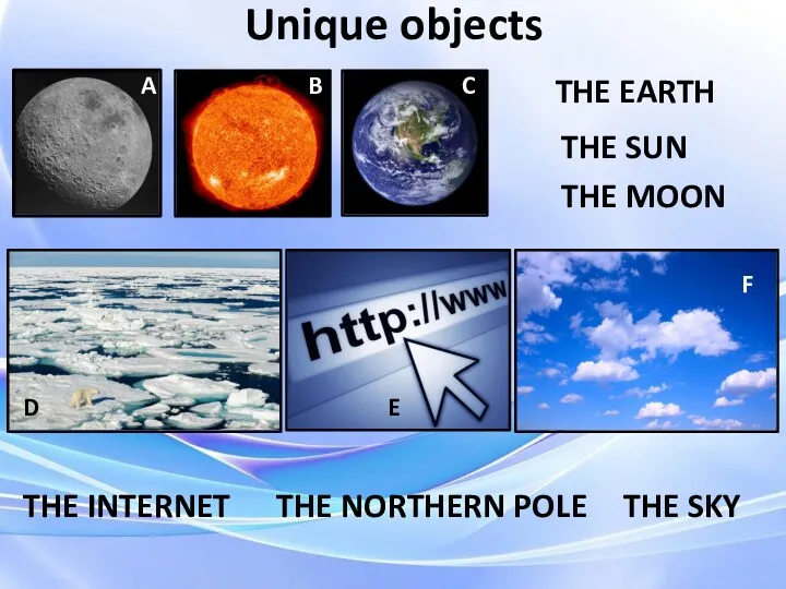 Unique objects THE EARTH THE SUN THE MOON A B