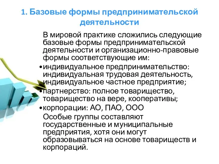 1. Базовые формы предпринимательской деятельности В мировой практике сложились следующие базовые формы предпринимательской