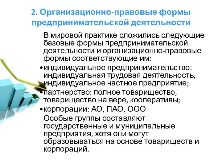 2. Организационно-правовые формы предпринимательской деятельности В мировой практике сложились следующие