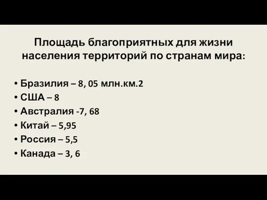 Площадь благоприятных для жизни населения территорий по странам мира: Бразилия