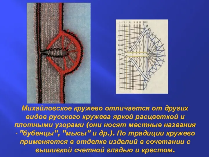 Михайловское кружево отличается от других видов русского кружева яркой расцветкой и плотными узорами