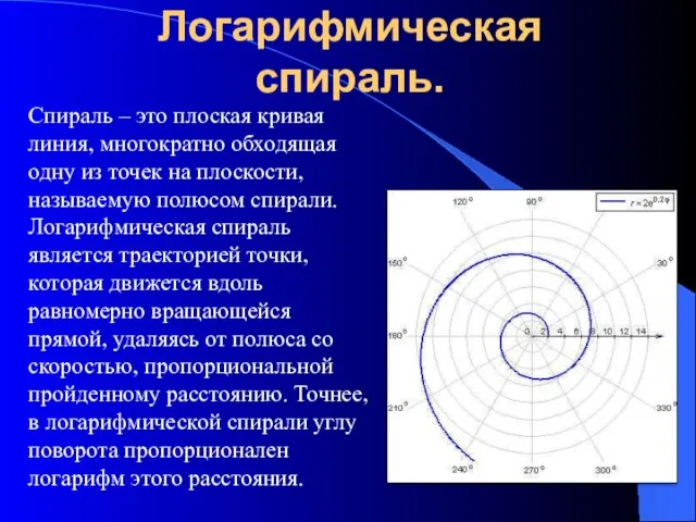 Логарифмическая спираль. Спираль – это плоская кривая линия, многократно обходящая