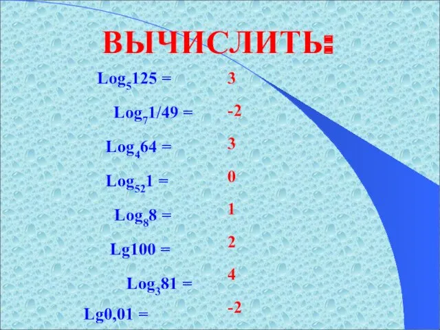 ВЫЧИСЛИТЬ: Log5125 = Log71/49 = Log464 = Log521 = Log88