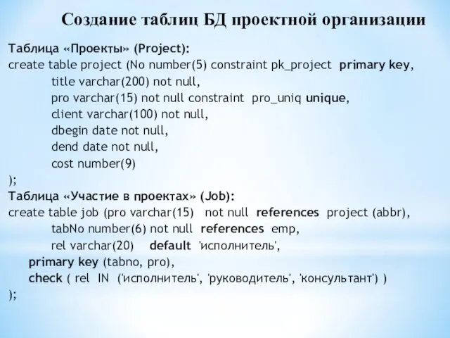Создание таблиц БД проектной организации Таблица «Проекты» (Project): create table project (No number(5)