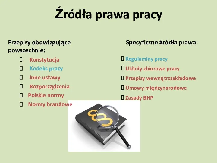 Źródła prawa pracy Konstytucja Kodeks pracy Inne ustawy Rozporządzenia Polskie