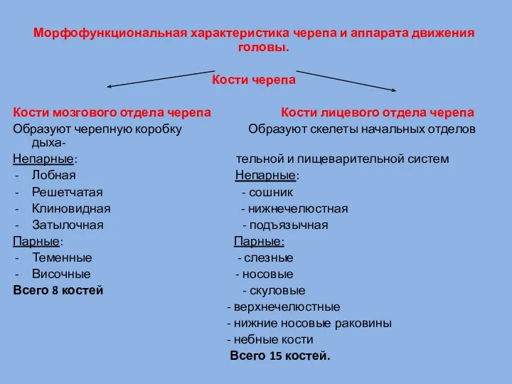 Морфофункциональная характеристика черепа и аппарата движения головы. Кости черепа Кости