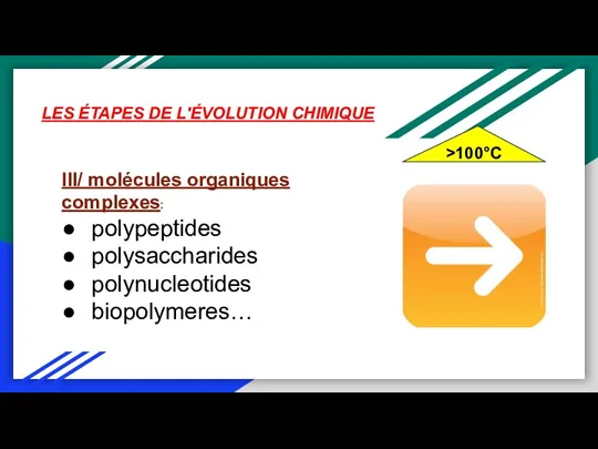 LES ÉTAPES DE L'ÉVOLUTION CHIMIQUE >100°C III/ molécules organiques complexes: polypeptides polysaccharides polynucleotides biopolymeres…