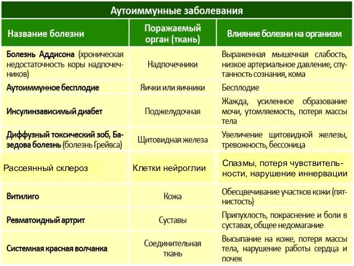 Рассеянный склероз Клетки нейроглии Спазмы, потеря чувствитель- ности, нарушение иннервации