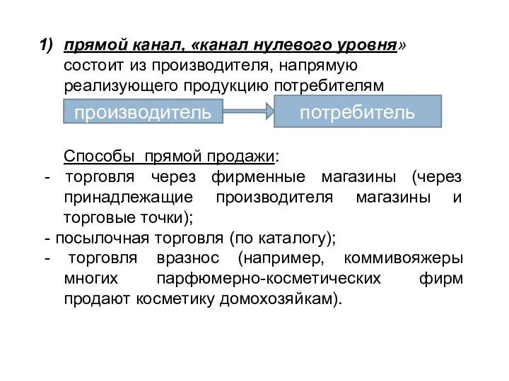 прямой канал, «канал нулевого уровня» состоит из производителя, напрямую реализующего