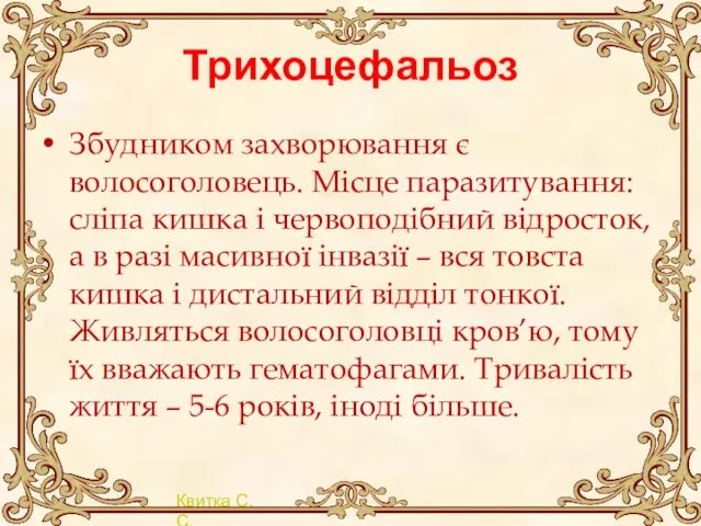 Трихоцефальоз Збудником захворювання є волосоголовець. Місце паразитування: сліпа кишка і