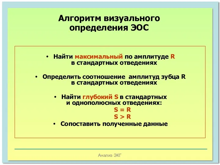 Анализ ЭКГ Алгоритм визуального определения ЭОС Найти максимальный по амплитуде