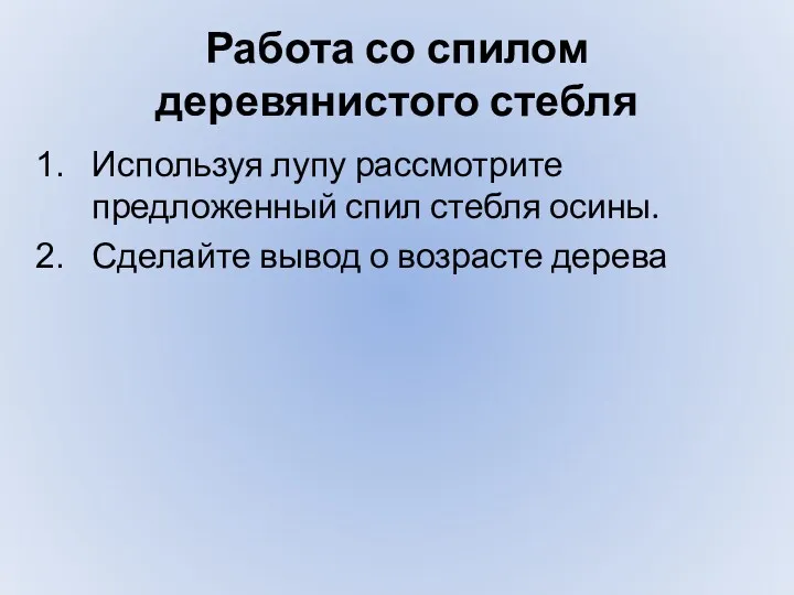 Работа со спилом деревянистого стебля Используя лупу рассмотрите предложенный спил