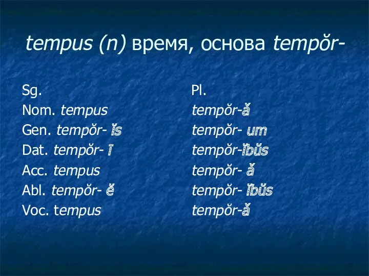 tempus (n) время, основа tempŏr- Sg. Nom. tempus Gen. tempŏr-