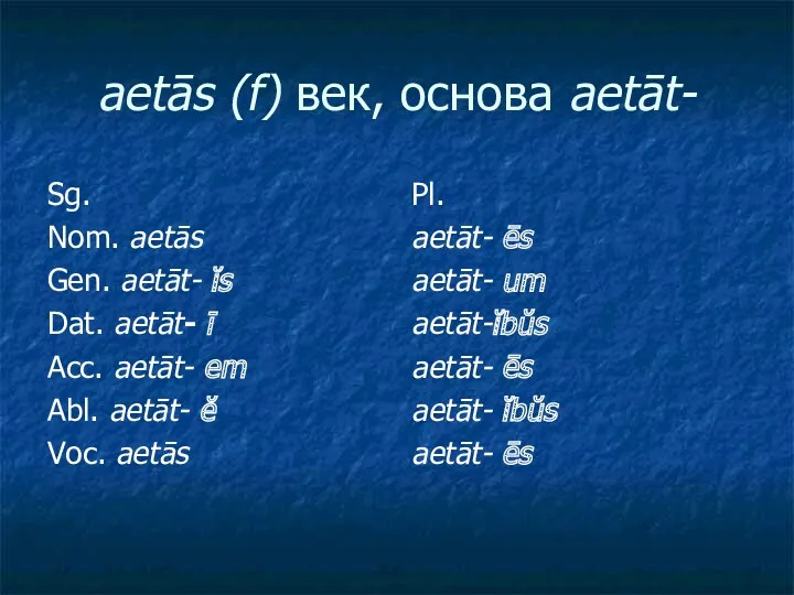 aetās (f) век, основа aetāt- Sg. Nom. aetās Gen. aetāt-