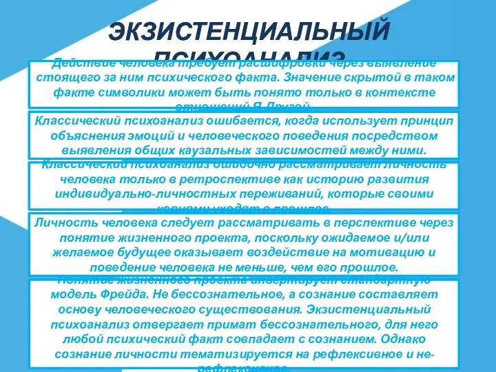 ЭКЗИСТЕНЦИАЛЬНЫЙ ПСИХОАНАЛИЗ Действие человека требует расшифровки через выявление стоящего за