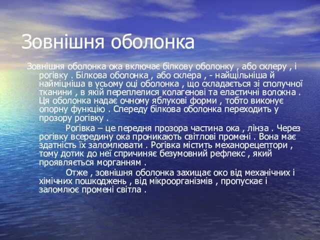 Зовнішня оболонка ока включає білкову оболонку , або склеру ,