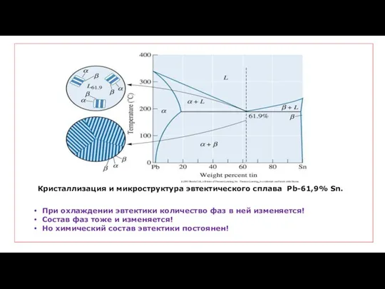 Кристаллизация и микроструктура эвтектического сплава Pb-61,9% Sn. При охлаждении эвтектики количество фаз в