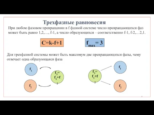 Трехфазные равновесия C=k-f+1 fmax= 3 При любом фазовом превращении в f фазной системе