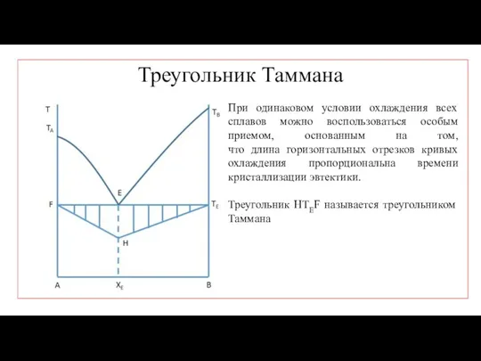 Треугольник Таммана При одинаковом условии охлаждения всех сплавов можно воспользоваться особым приемом, основанным