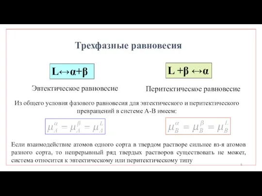 L↔α+β L +β ↔α Трехфазные равновесия Эвтектическое равновесие Перитектическое равновесие Из общего условия
