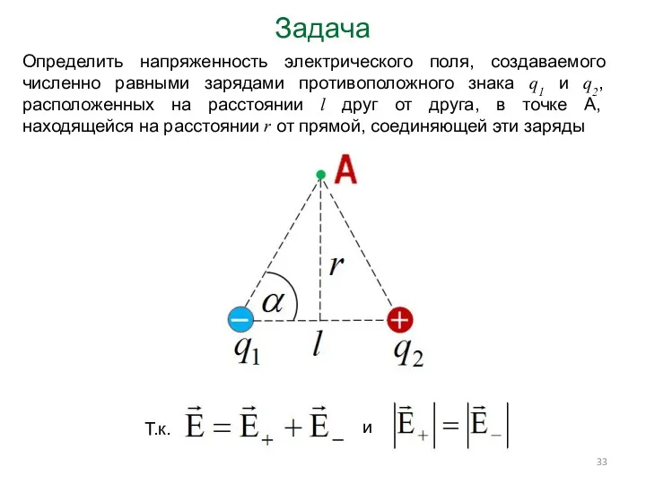 Задача Определить напряженность электрического поля, создаваемого численно равными зарядами противоположного