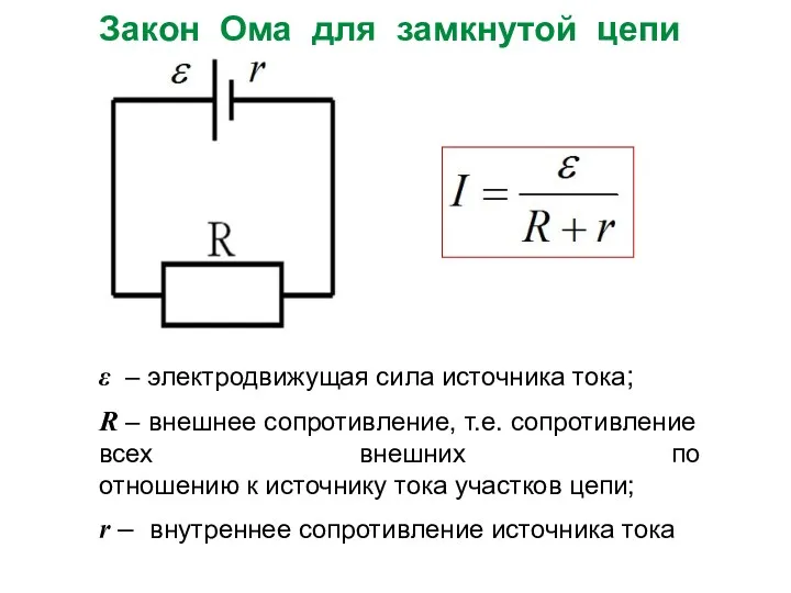 Закон Ома для замкнутой цепи ε – электродвижущая сила источника