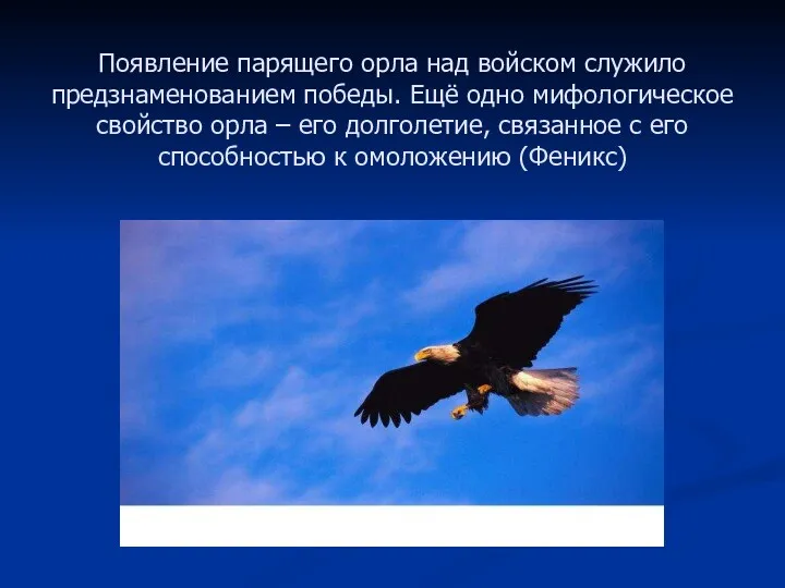 Появление парящего орла над войском служило предзнаменованием победы. Ещё одно