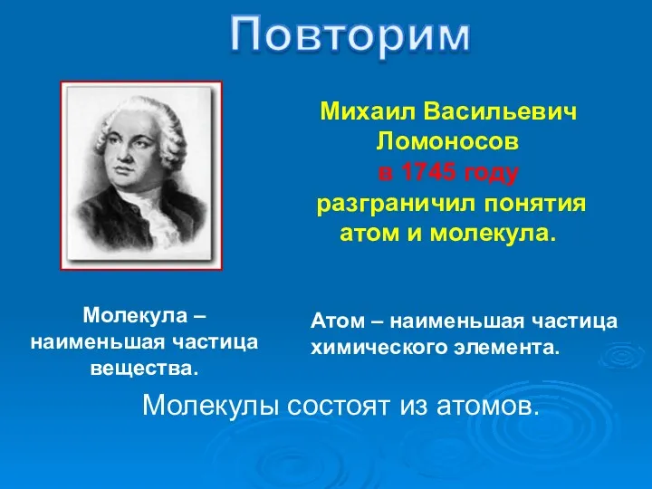 Молекула – наименьшая частица вещества. Михаил Васильевич Ломоносов в 1745