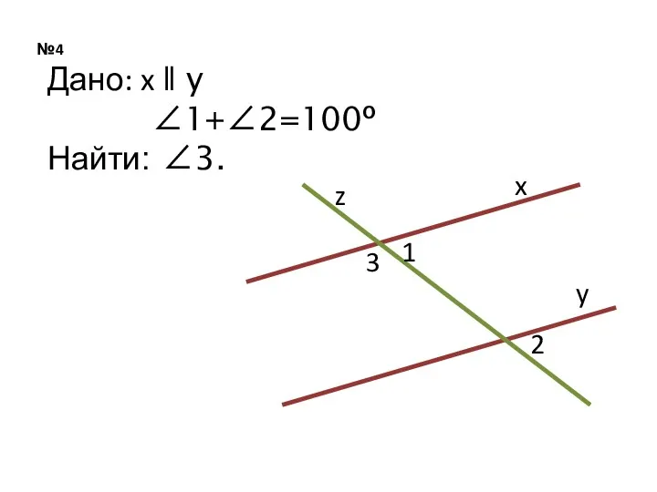 №4 z x y 3 1 2 Дано: x ǁ y ∠1+∠2=100º Найти: ∠3.