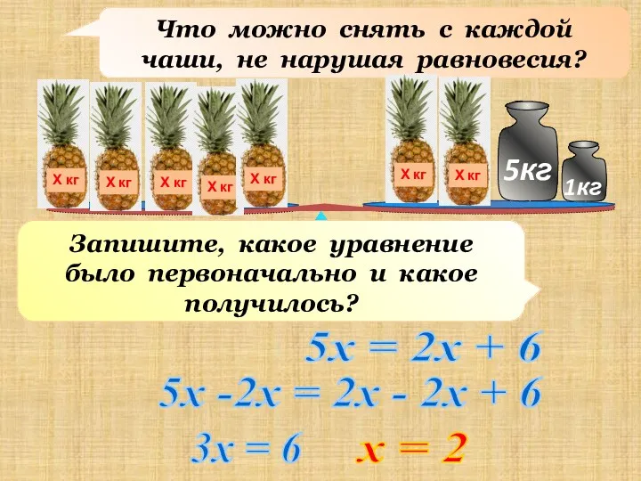 Что можно снять с каждой чаши, не нарушая равновесия? Запишите,