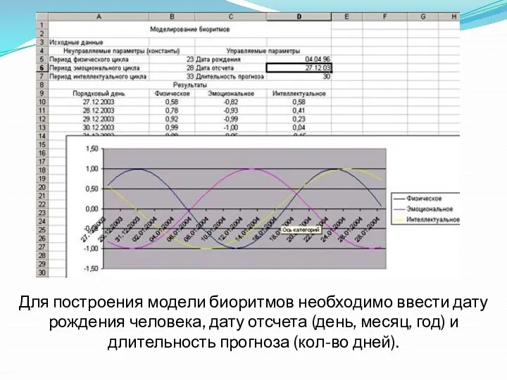 Для построения модели биоритмов необходимо ввести дату рождения человека, дату