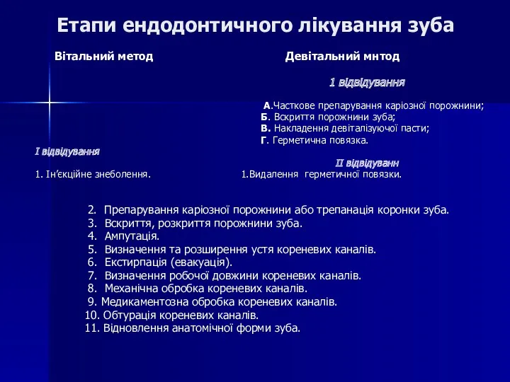 Етапи ендодонтичного лікування зуба Вітальний метод Девітальний мнтод 1 відвідування