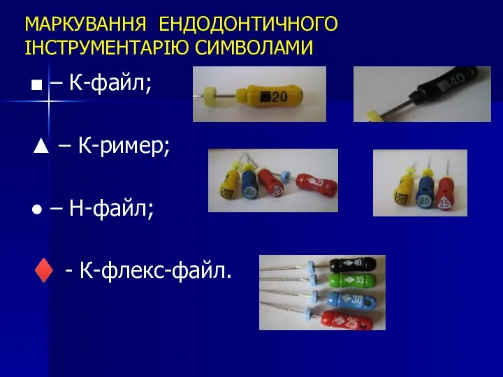 МАРКУВАННЯ ЕНДОДОНТИЧНОГО ІНСТРУМЕНТАРІЮ СИМВОЛАМИ ■ – К-файл; ▲ – К-ример; ● – Н-файл; ♦ - К-флекс-файл.