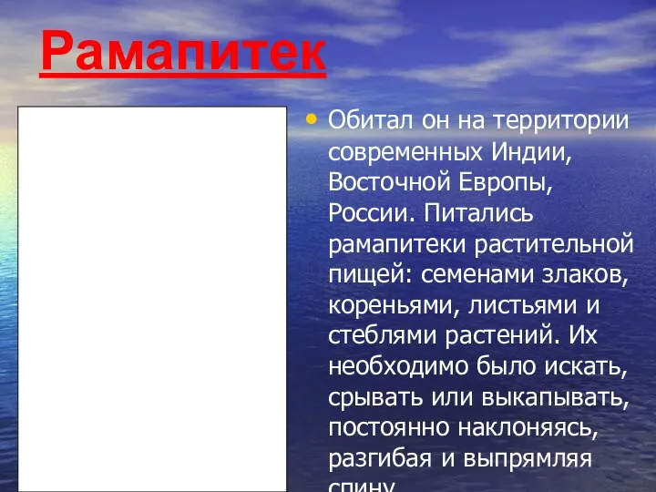 Рамапитек Обитал он на территории современных Индии, Восточной Европы, России. Питались рамапитеки растительной