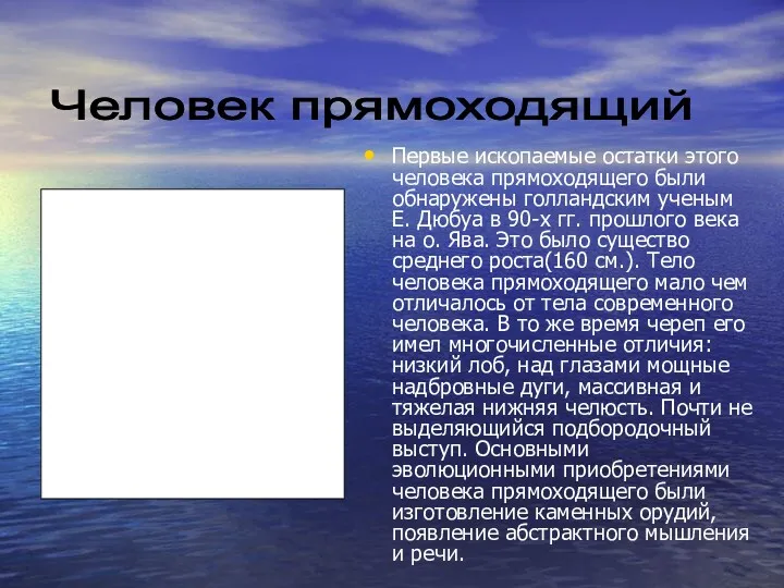 Первые ископаемые остатки этого человека прямоходящего были обнаружены голландским ученым Е. Дюбуа в