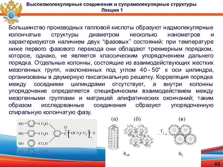 Большинство производных галловой кислоты образуют надмолекулярные колончатые структуры диаметром несколько