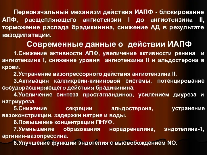 Первоначальный механизм действия ИАПФ - блокирование АПФ, расщепляющего ангиотензин I до ангиотензина II,