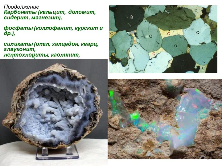 Продолжение Карбонаты (кальцит, доломит, сидерит, магнезит), фосфаты (коллофанит, курскит и