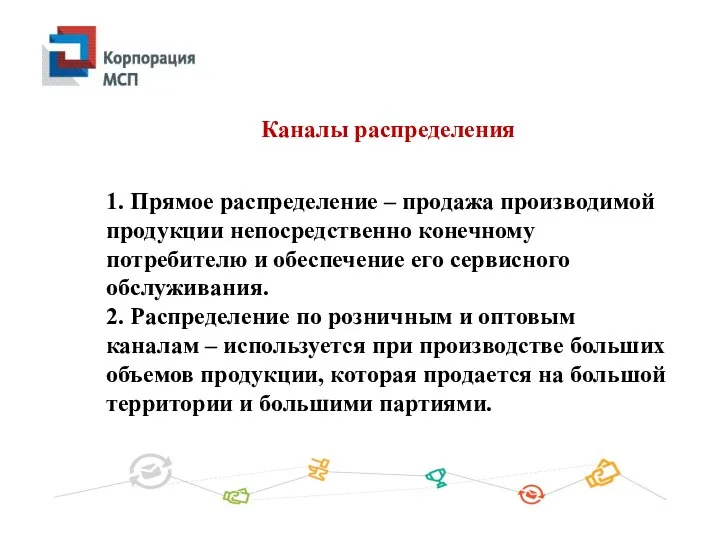 Каналы распределения 1. Прямое распределение – продажа производимой продукции непосредственно