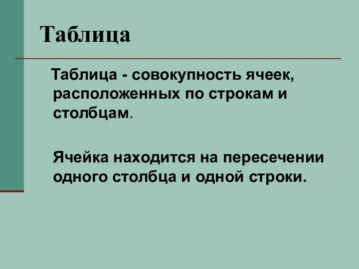 Таблица Таблица - совокупность ячеек, расположенных по строкам и столбцам.