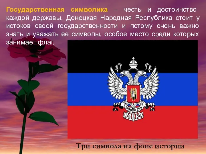 Государственная символика – честь и достоинство каждой державы. Донецкая Народная Республика стоит у