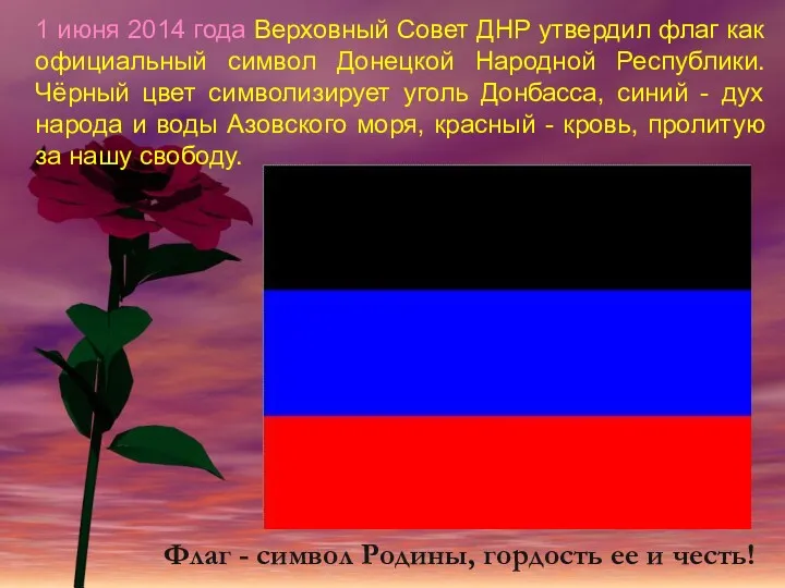 1 июня 2014 года Верховный Совет ДНР утвердил флаг как официальный символ Донецкой